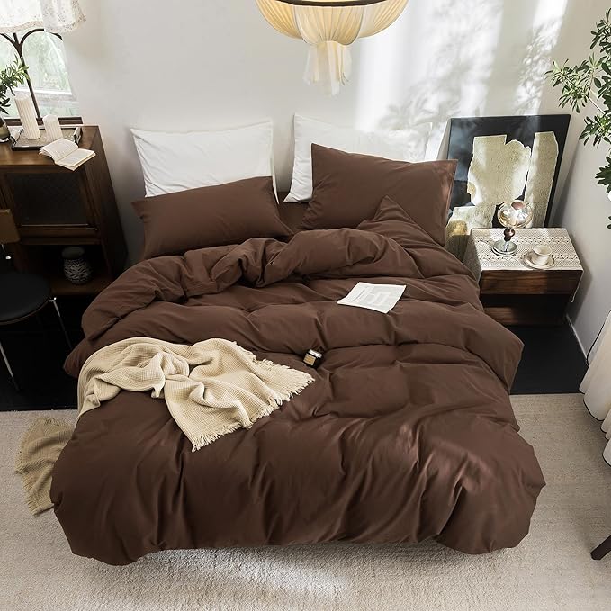 FOSSA Duvet Cover Set 100% Washed Cotton Linen Feel Super Soft Breathable Cozy Simple Style 3 Pieces Bedding Sets Solid Cocoa Brown Twin