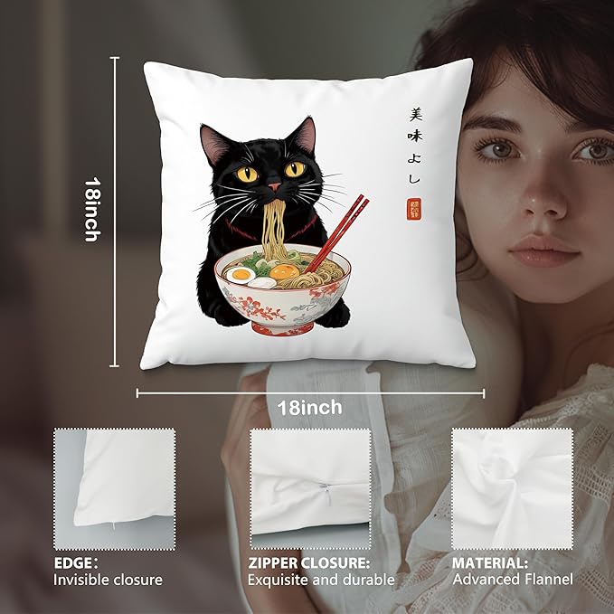 Funny Anime Vintage Black Cat Japanese Ramen Noodles Pillow Covers 18x18, Aesthetic Black Cat Art Painting Decor Pillow Covers for Room Bedroom