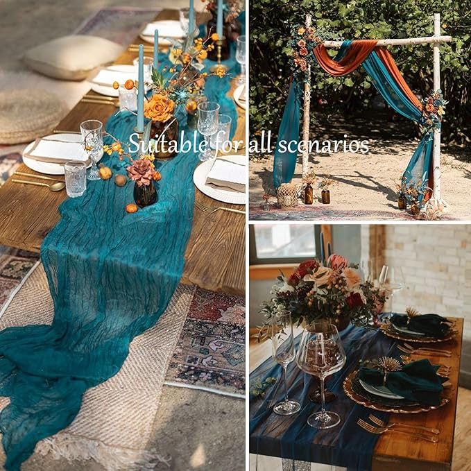 Cheesecloth Table Runner 13.3FT Long Boho Table Runner Rustic Gauze Wedding Dining Table Decorations for Wedding,Bridal Shower,Baby Shower,Bithday Party Table Decorations (Teal,35x160 Inch)