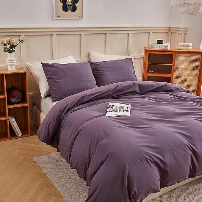 ECOCOTT Purple Duvet Cover Full Size - 100% Washed Cotton Durable Soft Comfy Duvet Cover Set, 3 Pieces Duvet Cover with Zipper Closure (Purple, 80''x90'')