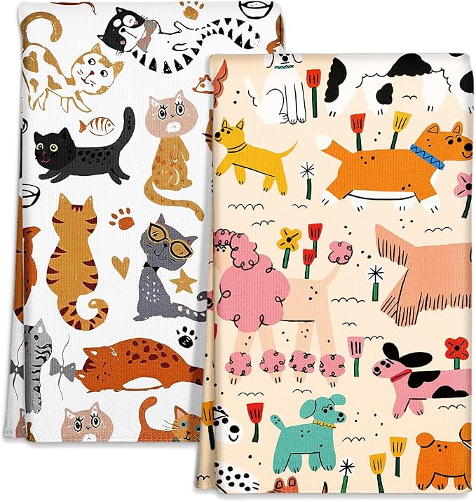Microfiber Kitchen Towels - Set of 2 Dish Towels for Kitchen 18 x 26 Inch Home Decoration Crayon Dog Cat Cute Spring Hand Towels Soft & Absorbent Aesthetic Design