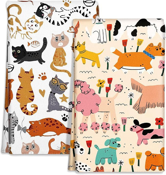 Microfiber Kitchen Towels - Set of 2 Dish Towels for Kitchen 18 x 26 Inch Home Decoration Crayon Dog Cat Cute Spring Hand Towels Soft & Absorbent Aesthetic Design