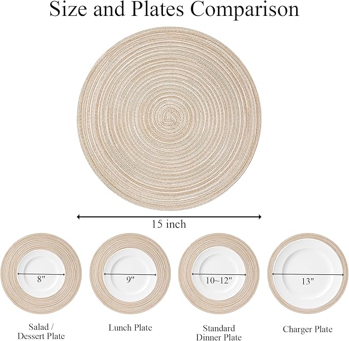 SHACOS 15 inch Beige Round Placemats Set of 12 for Dining Table Woven Braided Circle Place Mats Kitchen Placemat Washable Table Mats