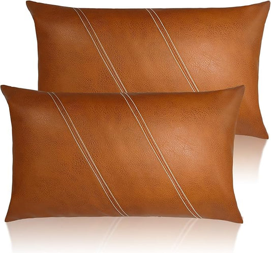 Faux Leather Throw Pillow Covers 12X20 Inch Set of 2 Milan Brown Outdoor Modern Farmhouse Solid Decorative Pillow Covers for Room Couch Living Bedroom Bed Sofa