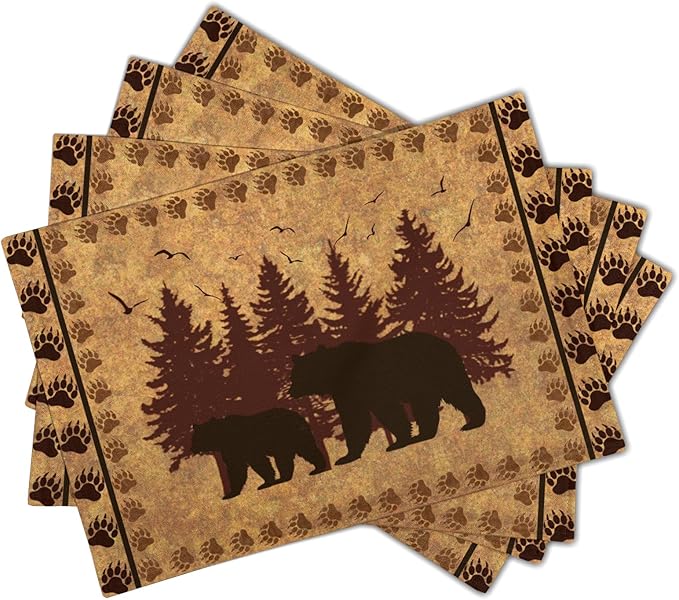 Giwawa 12"x18" Rustic Bear Placemats Set of 4 Vintage Cabin Lodge Wildlife Forest Animal Place Mat Heat Stain Resistant Linen Table Mats for Kitchen Dining Tabletop Farmhouse Picnic Decor