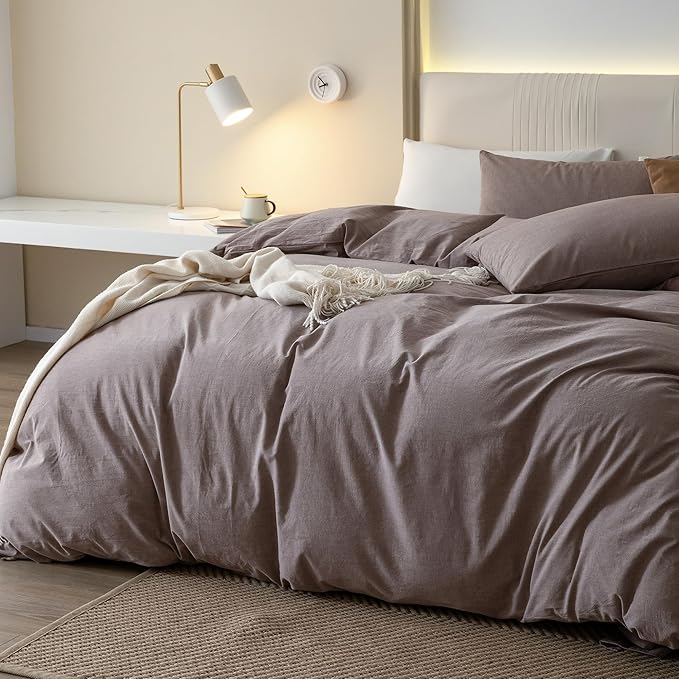 JIYUAN 100% Washed Cotton Duvet Cover Set 3 Pieces King, 1 Duvet Cover 104x90 Inches(Comforter Not Included) and 2 Pillowcases,Linen Feel Bedding Set Comfy and Breathable, Heathered Mauve Brown