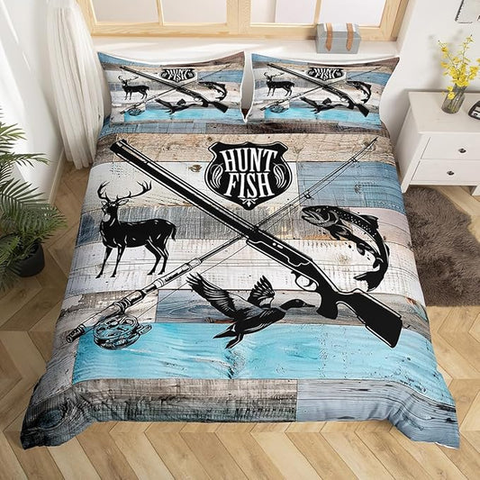 Hunt Fish Duvet Cover Set Twin Size,Deer Bird Fish Animal Hunting Comforter Cover for Kids Boys Bedroom,Rustic Farmhouse Wooden Barn Cabin Decor Bedding Set with 1 Pillowcase (No Comforter)