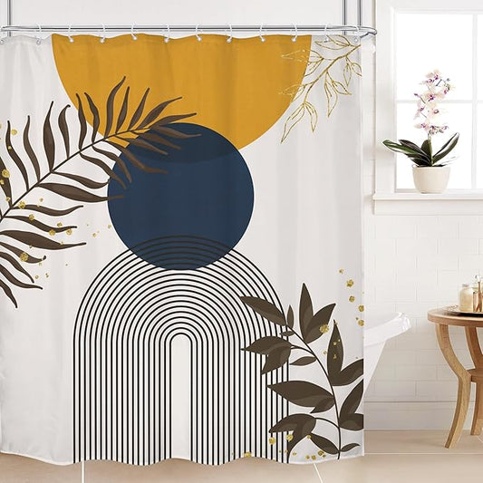 Navy Blue Yellow Boho Shower Curtain Modern Mid Century Abstract Gold Leaves Minimalist Vintage Plant Sun Bathroom Decor Geometric Arch 60Wx72H Bath Curtain Fabric Polyester 12 Pack Hooks