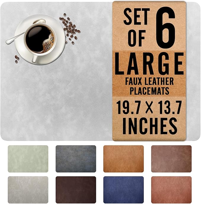 UnivoColors Washed Cowhide Pattern Faux Leather Big Size Placemats Set of 6, Waterproof Easy to Clean Anti-Slip PU Table Mats for Party Decoration19.7″×13.6″,Light Grey Retro Cowhide Pattern