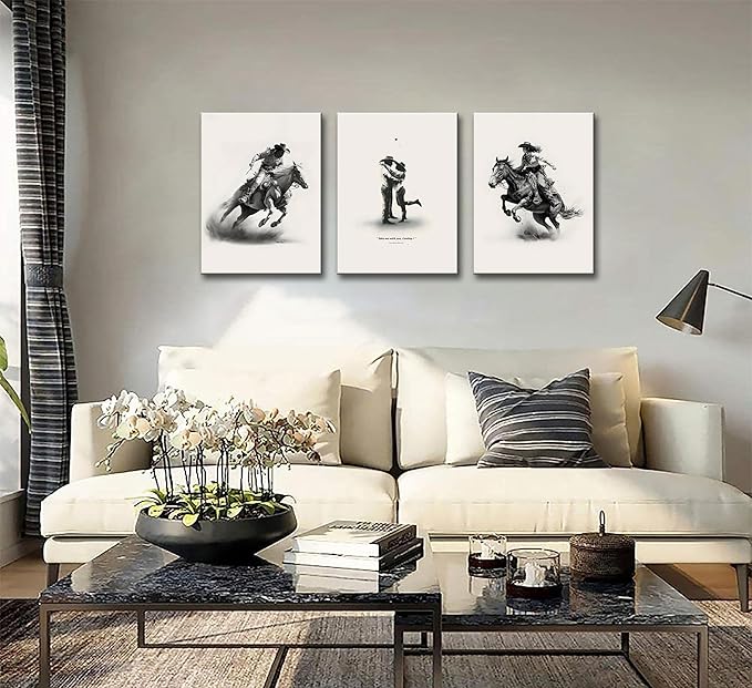3Pcs Framed male cowboy and Cowgirl Canvas Wall Art Western Eclectic Wall Decor Pictures Wild West Prints Posters Rodeo Paintings of Western and Southwestern Decor Lovers ready to hang