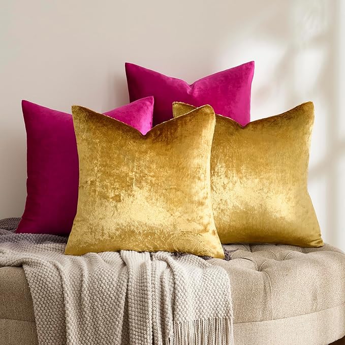 GIGIZAZA Velvet Pillow Covers 18x18,Hot Pink Gold Soft Throw Pillow Covers Set of 4 Square Decorative Modern Pillows Covers for Living Room