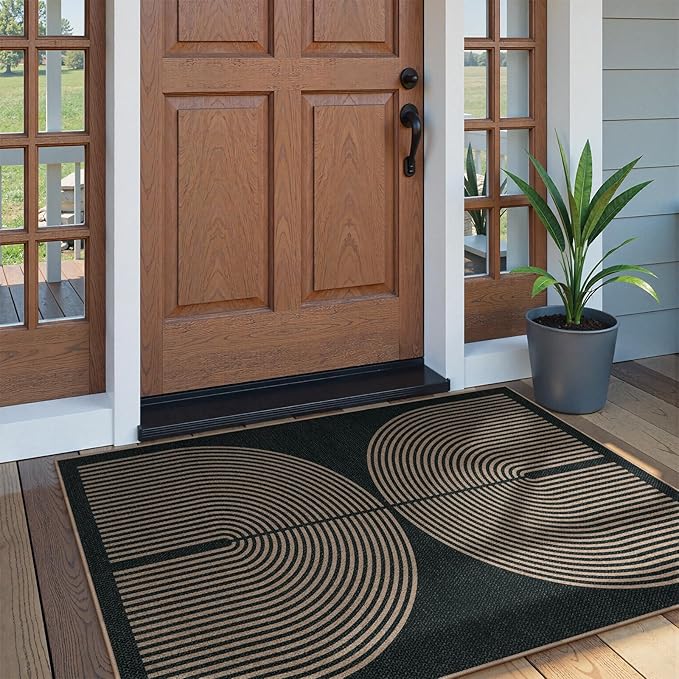 Lahome Modern Rainbow Easy Jute Outdoor Patio Rug, 3x5 Black Washable Rugs for Entryway Office Farmhouse Classroom Carpet, Contemporary Non Slip Front Door Mat for Porch Guestroom Room Decor