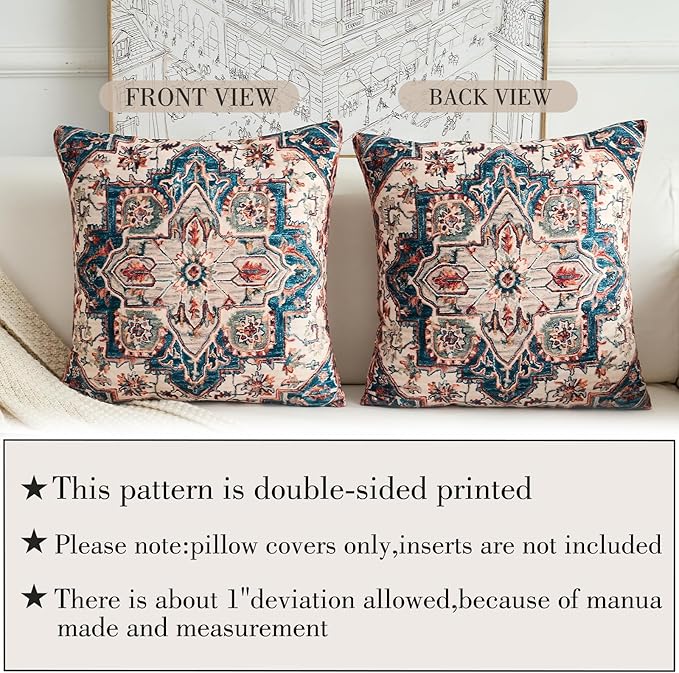 Boho Throw Pillow Covers 20x20 inch Set of 2,Boho Vintage Carpet Pattern Antique Ethnic Decor Double Sided Pattern Cushion Cover Soft Pillow Case Living Sofa Room Bed Square Pillow Cover