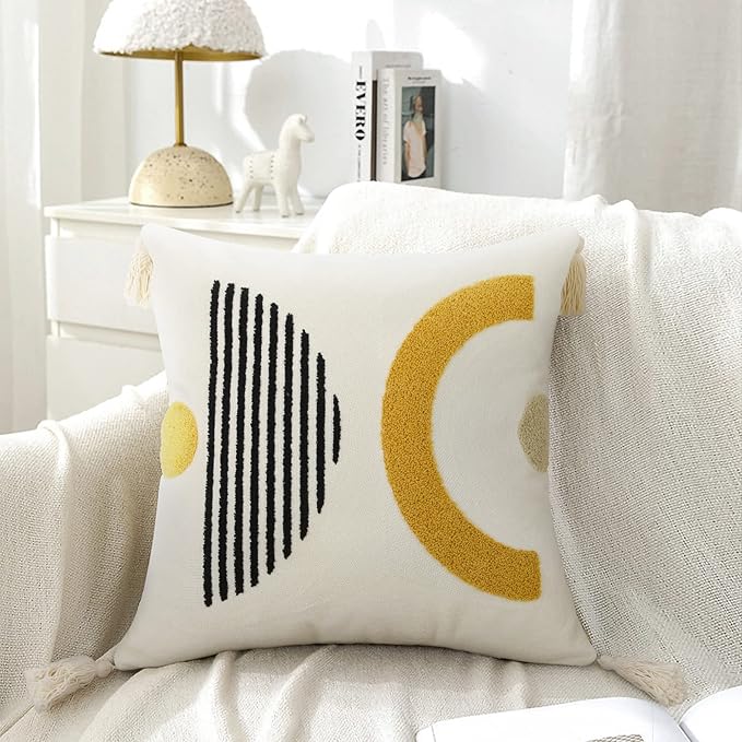 Merrycolor Boho Throw Pillow Covers with Tassels 18x18 Yellow Mid Century Modern Throw Pillows Geometric Decorative Abstract Pillow Cases Textured Boho Accent Pillows for Bed Couch Living Room,1PC