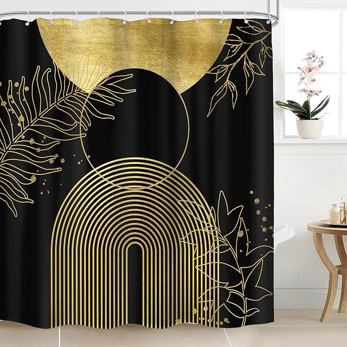 Black Gold Boho Shower Curtain 72Wx72H Bohemian Mid Century Modern Abstract Golden Leaves Plant Botanical Bathroom Decor Minimalist Geometric Neutral Bath Curtain Fabric Polyester 12 Pack Hooks