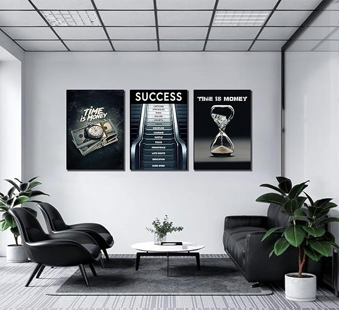 3Pcs Framed Time Is Money Canvas Wall Art Office Wall Decor Inspirational Quotes Pictures Paintings Path to Success Posters Prints of man cave Living Room Bedroom Office Decor Ready to Hang