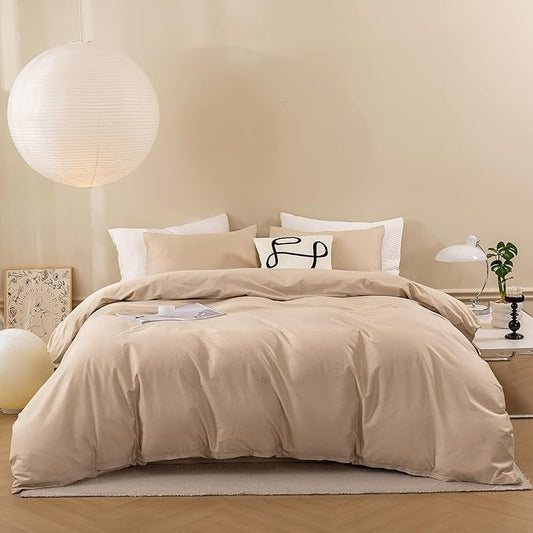 ECOCOTT Khaki Duvet Cover King Size - 100% Washed Cotton Durable Soft Comfy Duvet Cover Set, Lightweight and Breathable with Zipper Closure & Corner Ties (Khaki, 104''x90'')