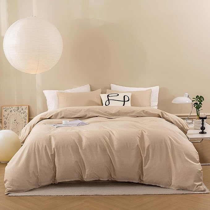 ECOCOTT Khaki Duvet Cover Queen Size - 100% Washed Cotton Durable Soft Comfy Duvet Cover Set, Lightweight and Breathable with Zipper Closure & Corner Ties (Khaki, 90''x90'')