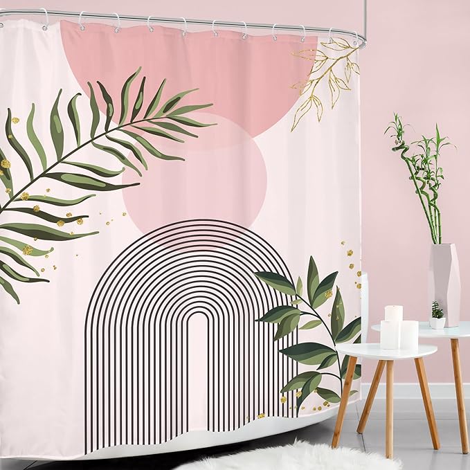 Pink Boho Shower Curtain 60Wx72H Mid Century Modern Abstract Gold Leaves Plant Sun Bathroom Decor Minimalist Geometric Arch Line Aesthetic for Girls Bath Curtain Fabric Polyester 12 Pack Hooks
