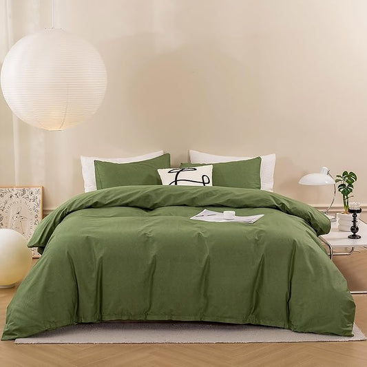 ECOCOTT Olive Green Duvet Cover Queen Size - 100% Washed Cotton Durable Soft Comfy Duvet Cover Set, 3 Pieces Duvet Cover with Zipper Closure (Green, 90''x90'')