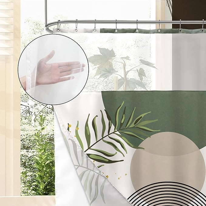 Sage Green Boho Shower Curtain with Snap in Liner Modern Mid Century Abstract Minimalist Gold Leaves Plant Sun Geometric Arch 72Wx72H Bathroom Decor Bath Curtain Fabric Polyester 12 Pack Hooks