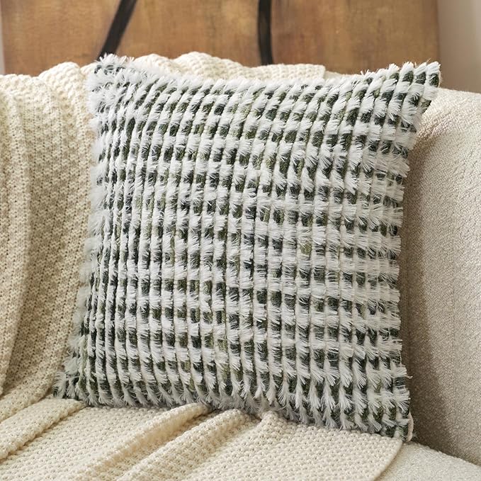 Aeckself Boho Chenille Tufted Pillow Cover 20 x 20 Inch, Decorative Square Throw Pillow Cover Neutral Pillowcase for Couch Bedroom Living Room, Green White