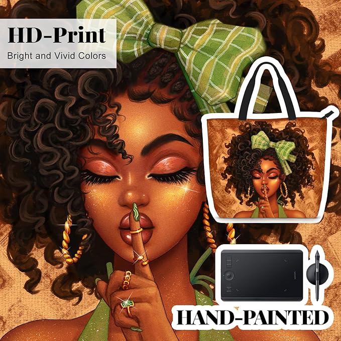 African American Women Tote Bag Black Shoulder Handbag For Women Fit Work Beach Labtops With Zip