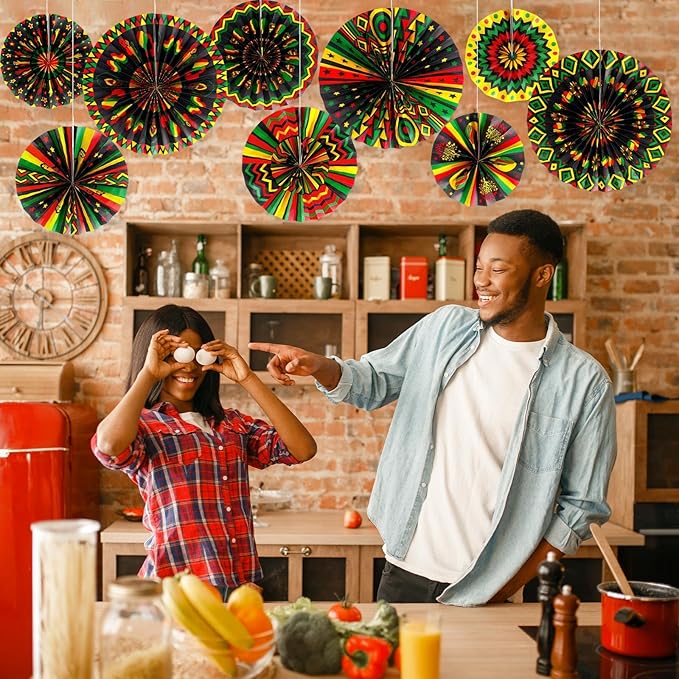 Outus Black History Month Decorations Paper Fans Juneteenth Hanging Paper Fans Kente Ceiling Wall Garland for African American Party Bulletin Board Classroom Decor (18 Pcs,Design)