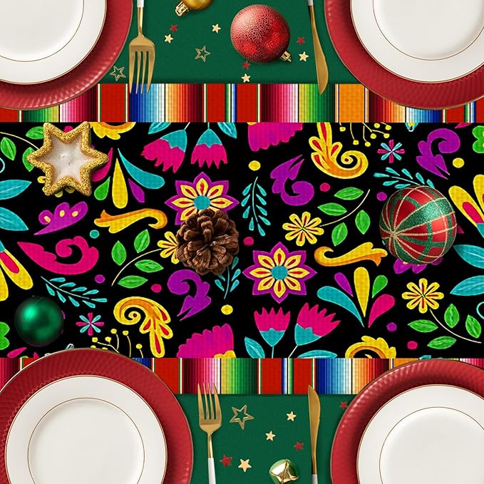 Mexican Flowers Burlap Table Runner Seasonal Spring Fall Kitchen Dining Linen Table Decoration for Indoor Outdoor Home Party Dinner 13x72 Inch