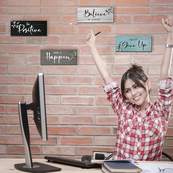4 Pcs Office Decor For Women Motivational Wall Decor Rustic Inspirational With Positive Sayings Wooden Hangings for Home Office Bathroom Bedroom Kitchen(Fresh 10x4")