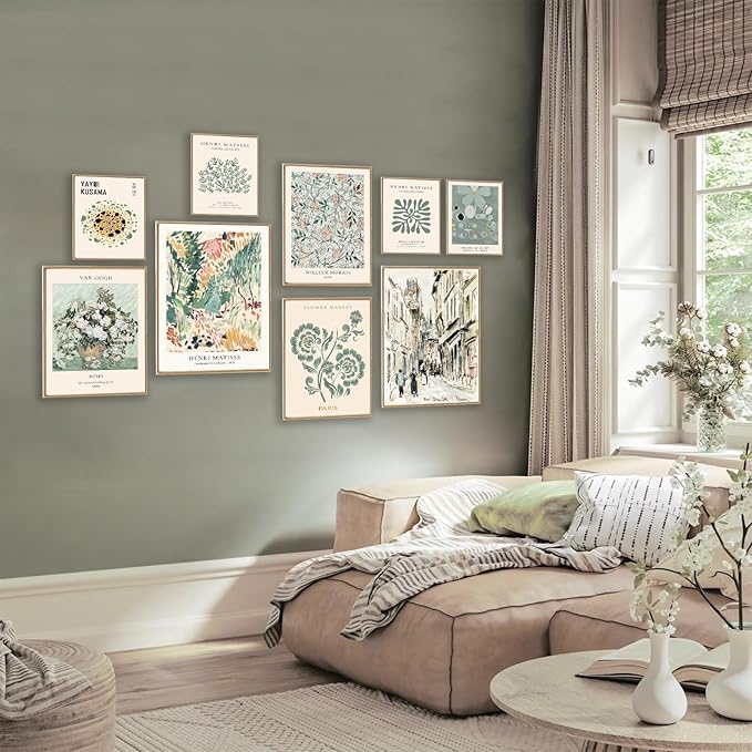 Sage Green Wall Art Prints Eclectic Decor, ASTRDECOR 9 PCS Sage Green Wall Decor Aesthetic, Green Matisse Wall Art Exhibition Poster Set, Bathroom, Hallway- Unframed