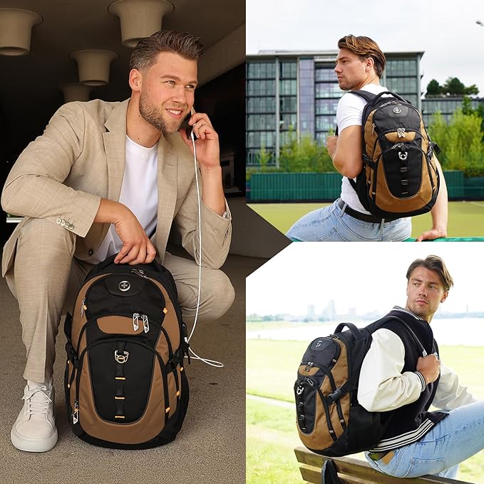 Swissdigital Design Laptop Backpack with USB Charging Port, Travel Backpack Fits 15.6 inches Computer, 31L College School Backpack for Men, Tan/Black | SD803