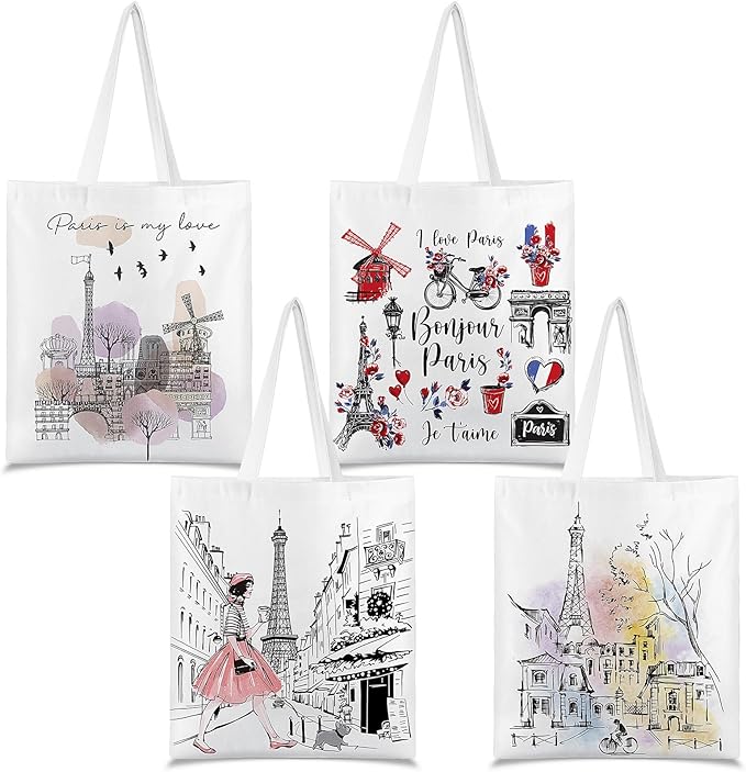 Paterr 4 Pcs City Souvenir Tote Bag-New York Chicago Seattle Los Angeles Boston San Francisco Paris Italy Las Vegas Nashville