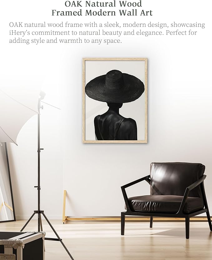 iHery Natural OAK Wood Black Girl Framed Wall Art, 12x16 in Black and White Modern Canvas Wall Art, Trendy African American Black Bedroom Decor, Set of 1 For Bathroom Living Room