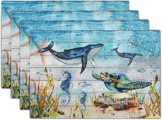 Giwawa Sea Life Placemats Set of 4- Sea Turtle Seahorse Whale Ocean Animal Place Mats- Vintage Compass Wood Board Heat Resistant Linen Table Mats 12"x18" for Dining Kitchen Summer Decoration