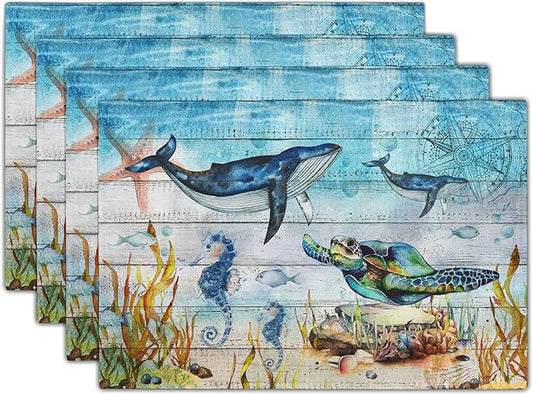 Giwawa Sea Life Placemats Set of 4- Sea Turtle Seahorse Whale Ocean Animal Place Mats- Vintage Compass Wood Board Heat Resistant Linen Table Mats 12"x18" for Dining Kitchen Summer Decoration