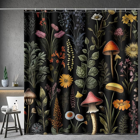 Aimego Long Mushroom Shower Curtain - Boho Floral Vintage Plants Flowers Retro Bohemian Botanical Nature Bath Shower Curtain Set with 12 Hooks for Bathroom Decor Bathtub Curtain, 72"x78" Black