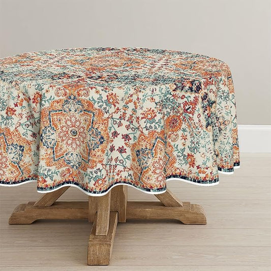 Horaldaily Boho Bohemia Style Tablecloth 70x70 Inch Round, Vintage Country Rustic Farmhouse Magical Fall Orange Washable Seasonal Table Cover for Party Picnic Dinner Decor