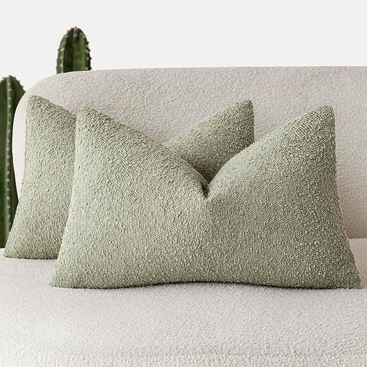 Foindtower Pack of 2 Textured Boucle Throw Pillow Covers Accent Solid Decorative Lumbar Pillow Cases Cozy Couch Cushion Case for Chair Sofa Bedroom Living Room Home Decor 12x20 Inch Dirty Sage Green