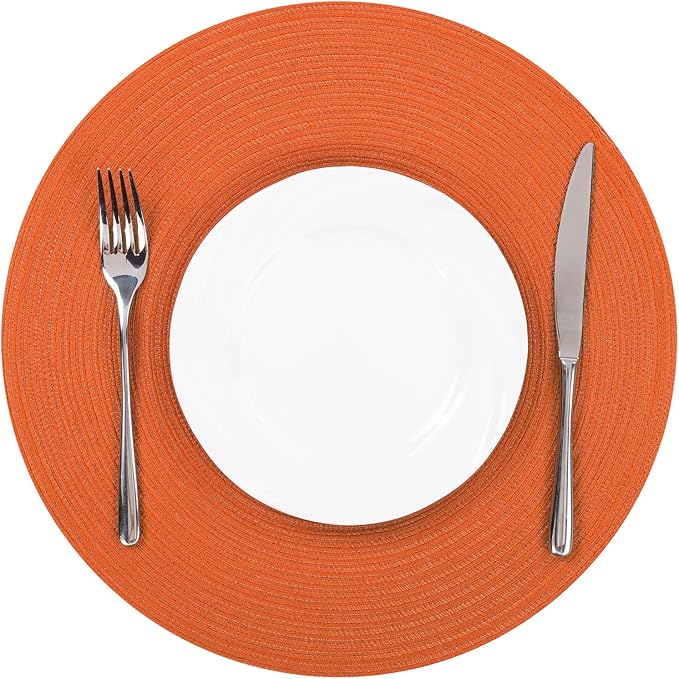 SHACOS Round Placemats Set of 6 Polyester 15 inch Round Braided Place Mats Washable Non Slip Kitchen Dining Table Mats Autumn Fall Placemats Decor, Bright Orange
