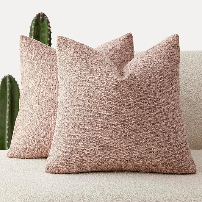 Foindtower Set of 2, Decorative Textured Boucle Throw Pillow Covers Accent Solid Pillow Cases Neutral Soft Cozy Couch Cushion Case for Chair Sofa Bedroom Living Room Home Decor 20 x 20 Inch Light Pink