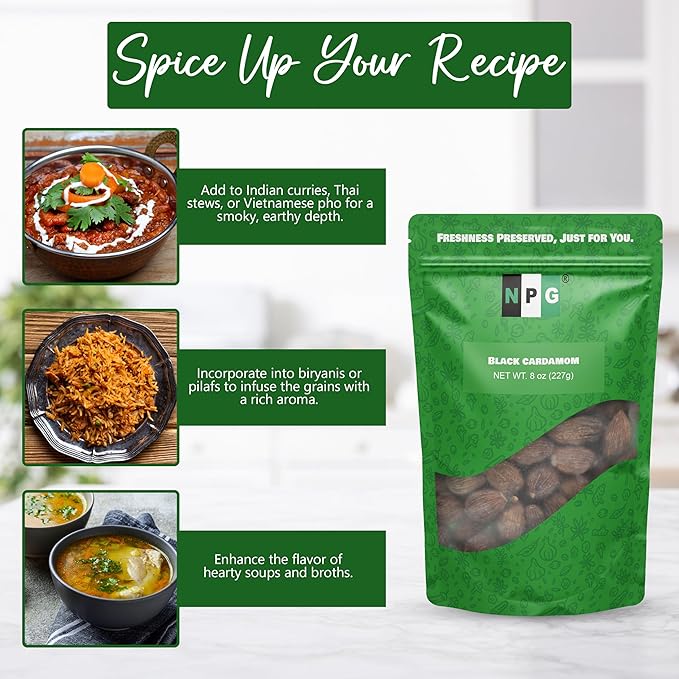NPG Premium Black Cardamom Pods (Tsao Ko/Cao Guo) 8 Ounces Whole, Large, and Aromatic Brown Seed Pods, All-Natural Non-GMO Spice for Indian Biryani, Curry, Vietnamese Pho, Chinese Stews, and Middle Eastern Cooking