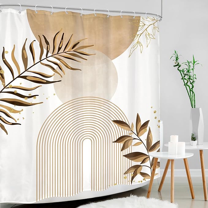 Beige Boho Shower Curtain 60Wx72H Bohemian Abstract Modern Mid Century Leaves Minimalist Contemporary Plant Cream Bathroom Decor Arch Simple Neutral Bath Curtain Fabric Polyester 12 Pack Hooks
