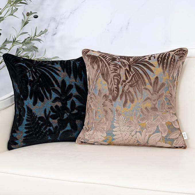 Alerfa Brown Throw Pillow Cover 12x20 Inch, Rectangle Cut Velvet Maple Leaf Embroidery Luxury Farmhosue Lumbar Decorative Pillow Cover for Couch Living Room Bedroom