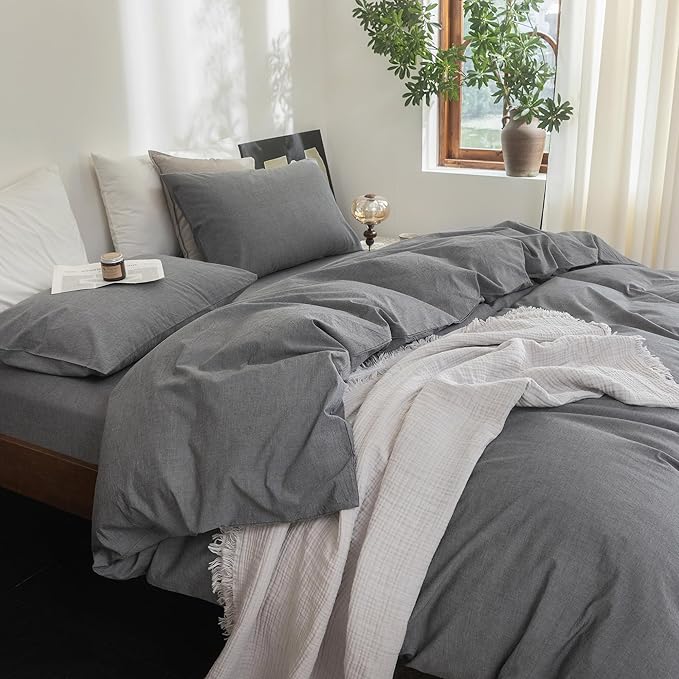 FOSSA Duvet Cover Set 100% Washed Cotton Linen Feel Super Soft Breathable Cozy 3 Pieces Bedding Sets Solid Dark Grey Queen