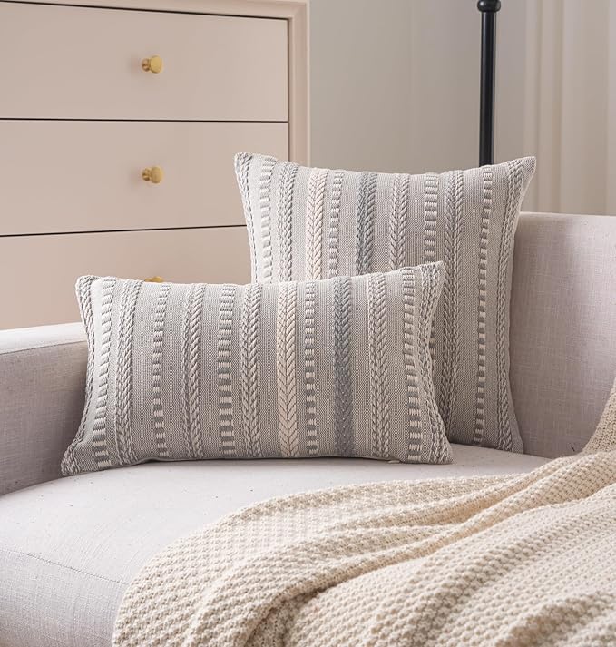 Boho Throw Pillow Covers 12x20 Inch Set of 2, Farmhouse Decorative Couch Pillow Cases, Grey Accent Pillows of Bed, Sofa Bedroom Living Room Home Decor Cushion Cover