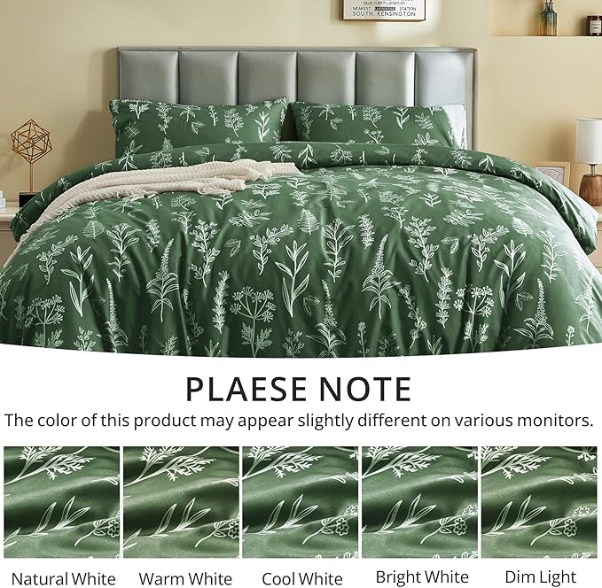 MUXHOMO Duvet Cover Queen Size, Reversible Floral Dark Green Duvet Cover Set with Zipper Closure, 3 Pieces Botanical Patterns Soft Microfiber Bedding Set with 4 Ties (90"x90", 2 Pillow Cases)