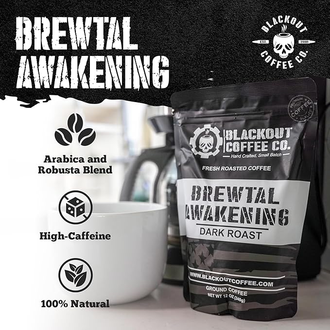Blackout Coffee Brewtal Awakening Whole Bean Coffee – Dark Roast, High Caffeine, Bold & Strong – Freshly Roasted 12oz Bag, American Made
