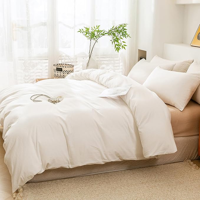 ECOCOTT White Duvet Cover Queen Size, 100% Washed Cotton 1 Duvet Cover with Zipper and 2 Pillowcases, Ultra Soft and Easy Care Breathable Bedding Set (White, Queen)