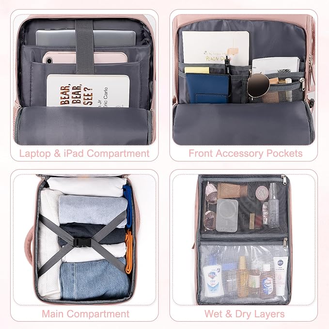 Travel Backpack, Carry on Flight approved Travel Bag with Multi-Pockets, Waterproof 17.3inch Laptop Backpack for Men Women, Pink